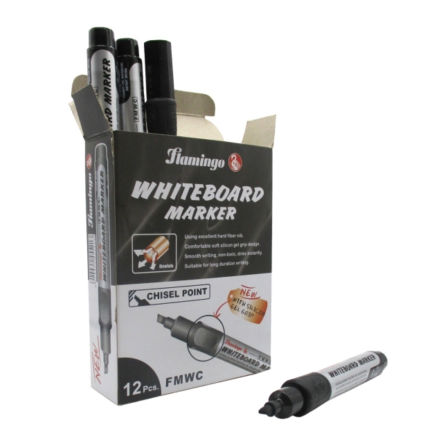 Flamingo, White Board Marker, Black Color, 12 Pcs box, Chisel Point